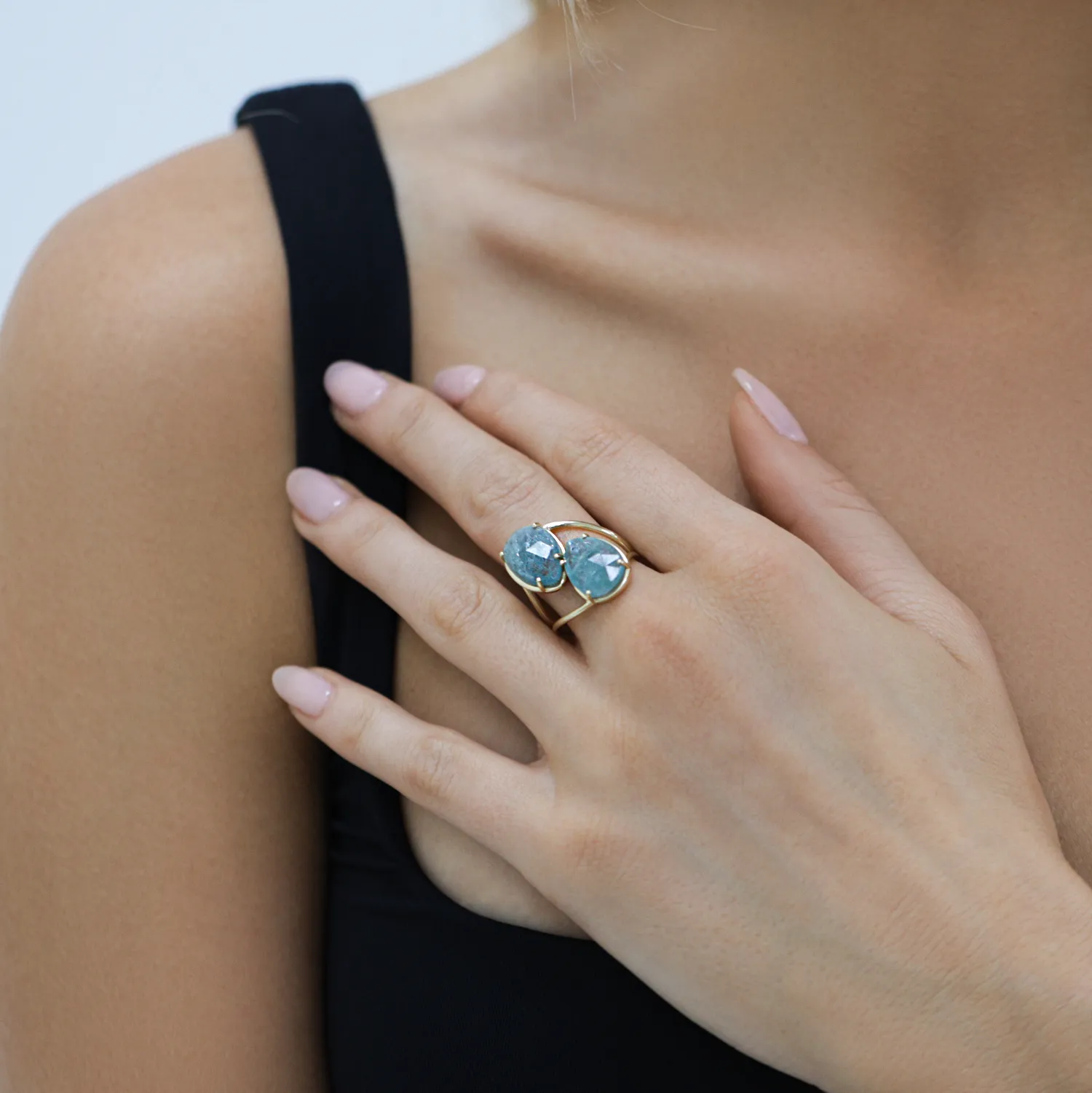 Pear Shape Aquamarine Duo Rose Cut Ring