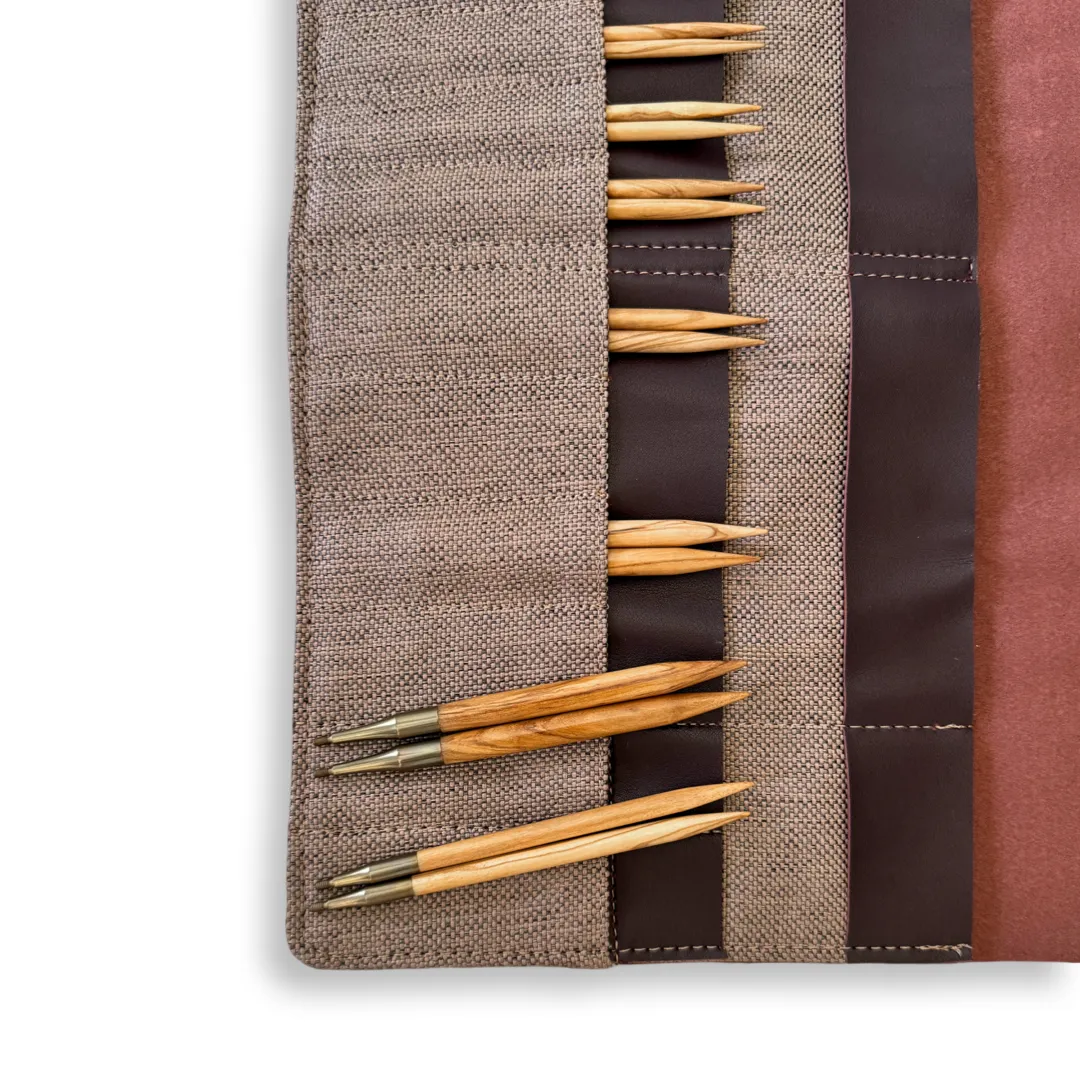 Premium 5 Inch Olive Wood Interchangeable Circular Knitting Needle Set | Leather Case (29 Piece Set)