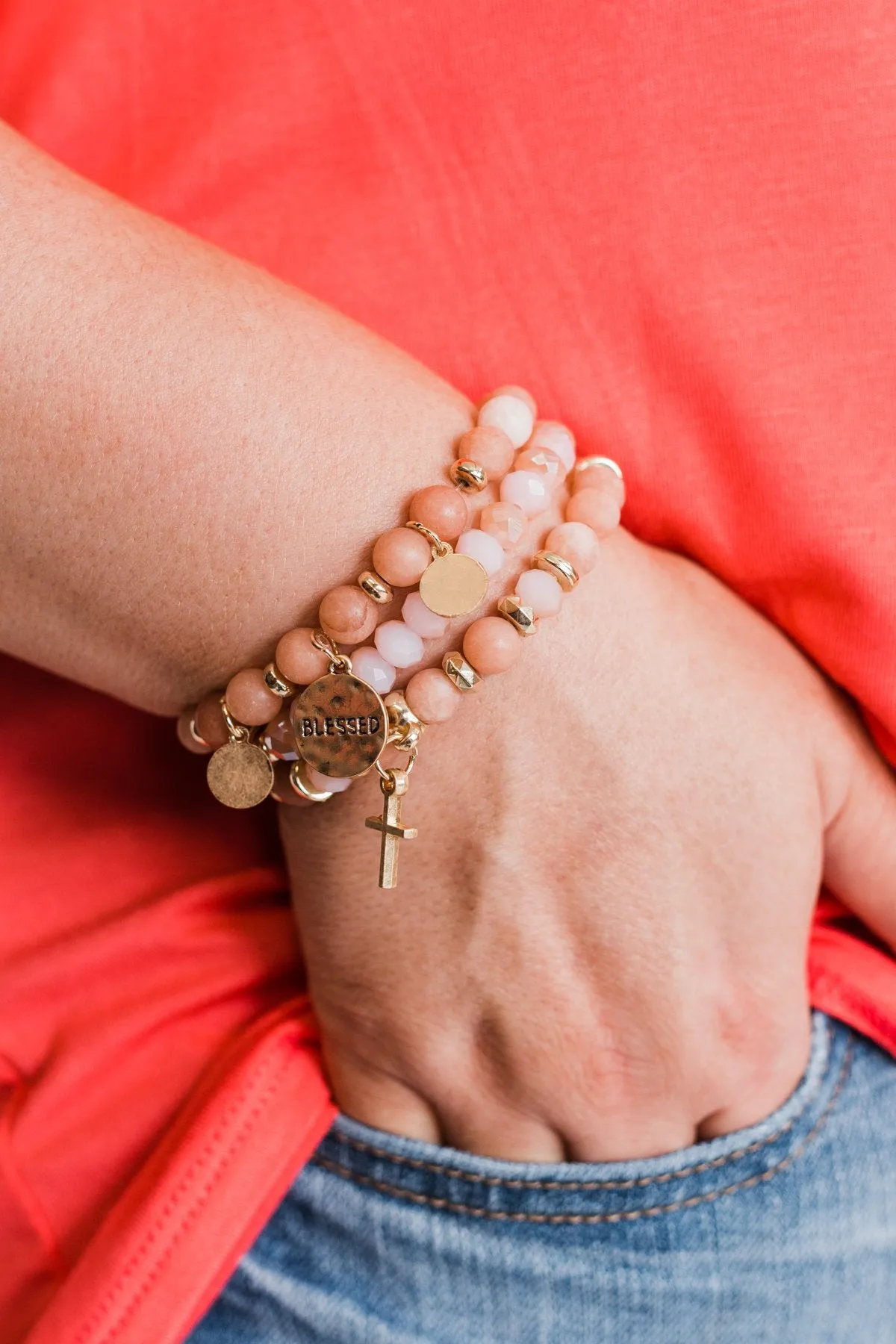 "Blessed" 3 Piece Bracelet Set- Blush