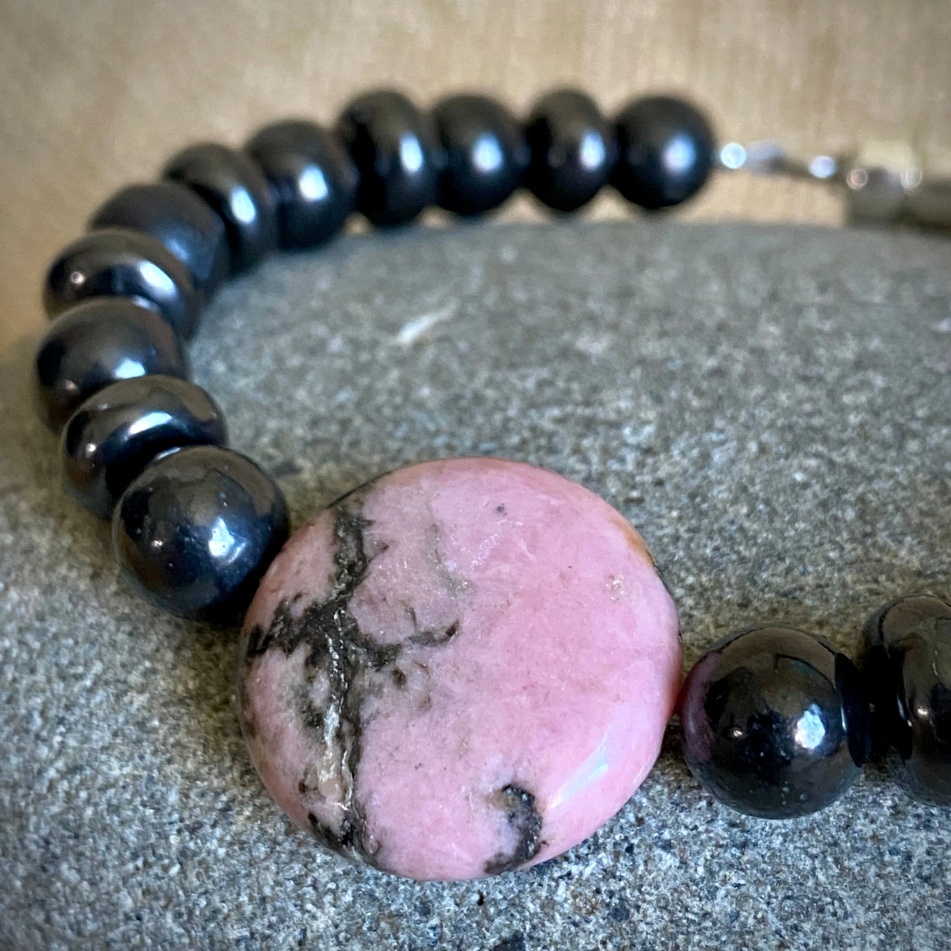 Shungite Bracelet, Rhodonite Focal Plus Two Types Shungite Beads