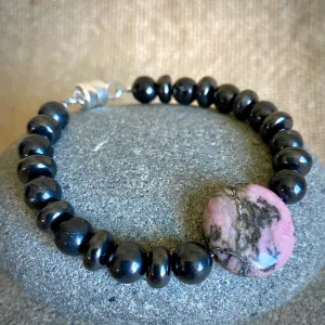 Shungite Bracelet, Rhodonite Focal Plus Two Types Shungite Beads