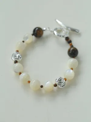 Smooth Mother of Pearls and Silver Shell Beaded OT Bracelet