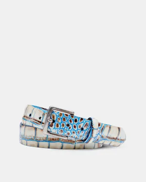 Two-Toned Embossed Crocodile Belt in Beige Blue Leather