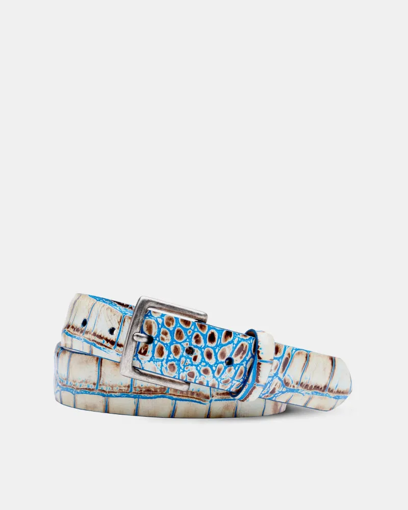 Two-Toned Embossed Crocodile Belt in Beige Blue Leather