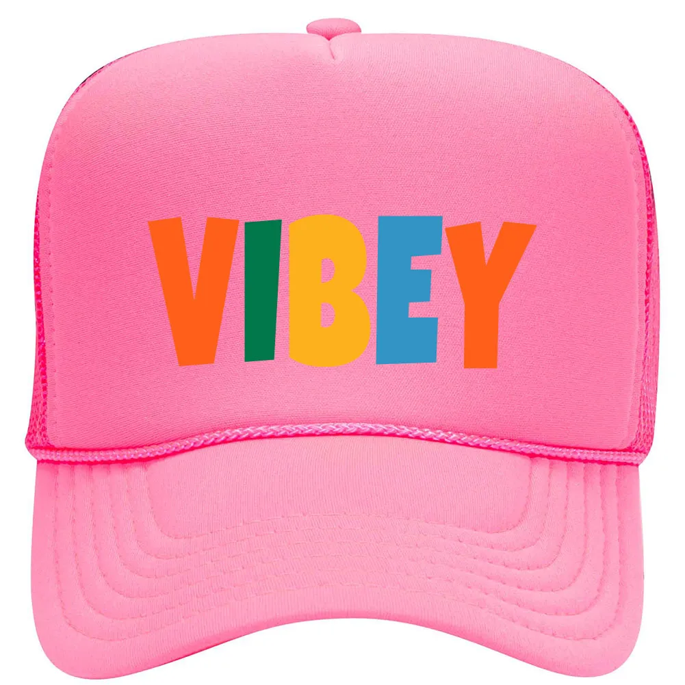 Vibey Suede Like Feel Textured Printed Neon 5 Panel High Crown Foam Mesh Back Trucker Hat - For Men and Women